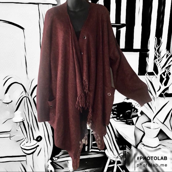 California Moonrise Sweaters - California Moonrise XL Burgundy Waterfall Sweater Wrap with Fringed front edges